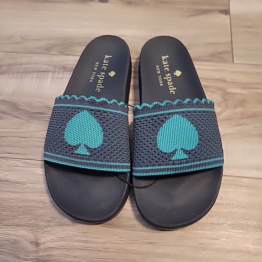 Kate Spade La Jolla Pool‎ Slide Sandals Blue Green Spade Logo Open Toe 5 B NEW